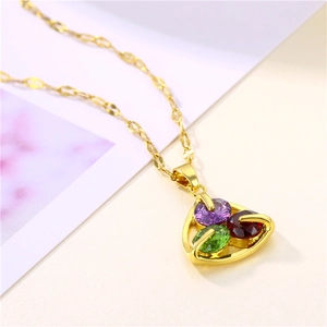 Titanium flower necklace with a triangular gold pendant featuring purple green and red zircon