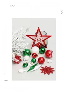 Macro shot of 58-piece Christmas ball ornaments set with mixed textures and star tree topper