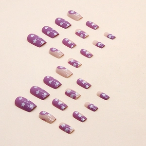 Sweet purple floral press-on nails set with minimalist white flower designs and square tips