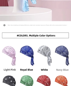 Detailed color matrix of paisley bandana pirate hats in pink, blue, black and orange
