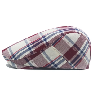 Macro detail of classic red and blue plaid cotton fabric on the adjustable beret