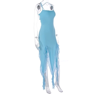 Detail of light blue bodycon dress featuring layered irregular ruffle hem and strap design