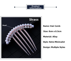 Detail view of 8x8.5cm rose gold hair comb with elegant pearls and sparkling rhinestones