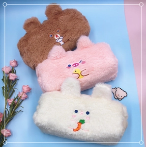 Three plush bear pencil cases in coffee, pink, and white with cute 3D ears and embroidery