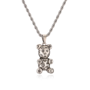 Collana con ciondolo a forma di orso 3D argento con simboli punk e catena a corda spessa