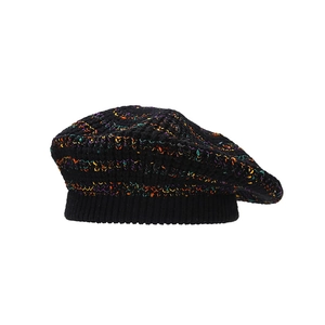 Béret en tricot pour femme noir avec laine mélangée colorée et bordure côtelée