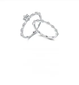 Detailed view of S925 sterling silver bridal ring set with sparkling Moissanite stones