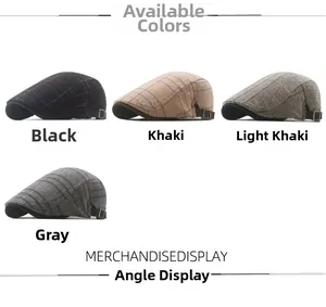 Detail of adjustable metal buckles on plaid cotton newsboy caps in multiple colors