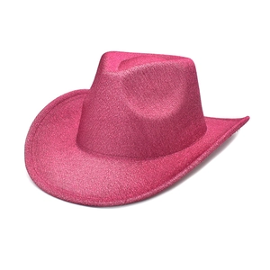Close-up of rose pink glitter cowboy hat with shimmering sequin texture for parties