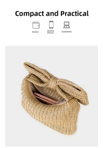 Detailed top view of straw bow clutch bag showing interior space for makeup items
