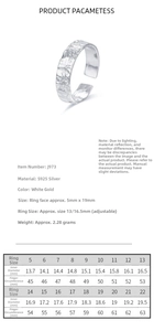 Size chart for irregular S925 sterling silver ring showing inside diameter and circumference