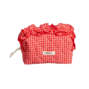 Red and white gingham quilted makeup bag with ruffled trim and large capacity storage