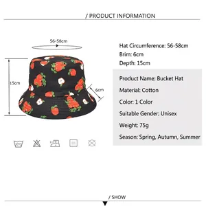 Unisex cotton bucket hat with apple pattern and size chart, 56-58cm head circumference