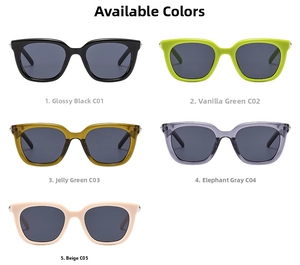 Detailed flat lay of jelly colored square frame sunglasses in five assorted color options