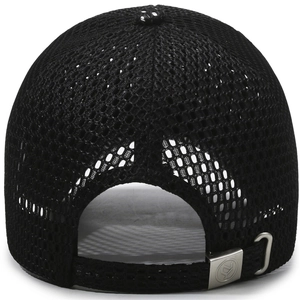 Back view of breathable black mesh baseball cap with adjustable silver metal buckle