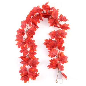 Detail of autumn maple leaf garland with LED lights and battery box for fall decor