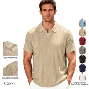 Men Casual Short Sleeve Polo Shirt Ribbed Knit Vertical Stripe Jacquard Johnny Collar Summer Vacation Breathable Top