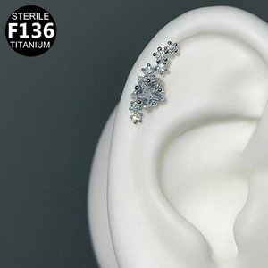 Detailed macro view of sterile F136 titanium star ear stud with clear zircon stones
