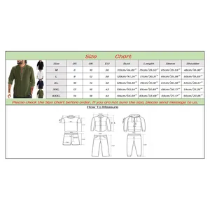 Detailed size chart for men's loose linen shirts including chest, length and sleeve measurements