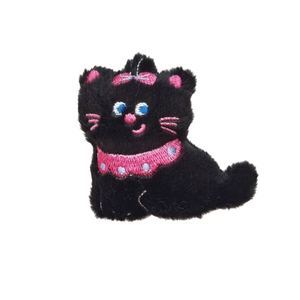 Cute black cat plush embroidered patch with pink bow on clean white background