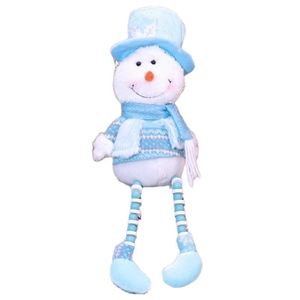 Pupazzo di neve natalizio in peluche bianco e blu con lunghe gambe di perline su sfondo bianco