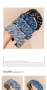Detailed views of knotted denim headbands with pearls and rhinestones in various blue tones