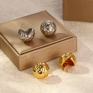Hollow Hemispherical Stud Earrings Stainless Steel Hammered Texture 18K Gold Plated Geometric Fashion Jewelry For Women