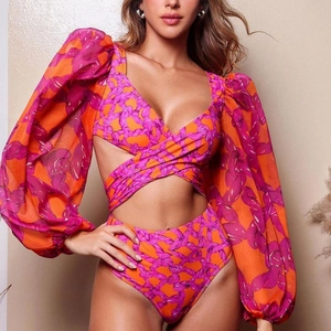 Ensemble bikini à manches longues, col en V, imprimé abstrait orange et découpes
