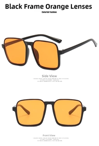 Front and side view of square oversized sunglasses with black frames and orange lenses