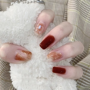 Unghie Finte Press On Corte Quadrate Arrotondate Marrone Rosso Marmo Ambra Glitter Eleganti Manicure