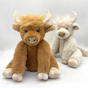 Realistic Highland Cow plush toy set in brown and beige colors with fluffy fur and horns