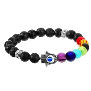 Lava rock bracelet with 7 chakra beads and silver Hamsa Hand evil eye charm on white background