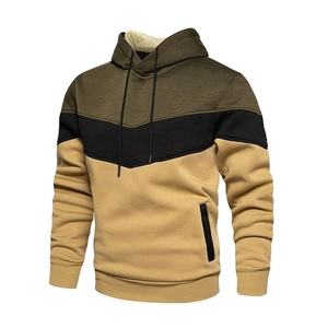 Men's streetwear color-block hoodie with olive green and khaki panels in high quality knit