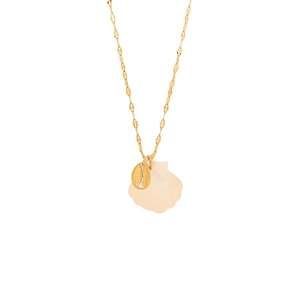 Golden necklace with iridescent shell and starfish pendant on a clean white background