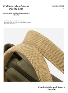 Detail of khaki canvas bag featuring thick webbing handles and durable metal zipper closure