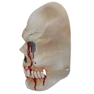 Side view of white skull mask featuring realistic red blood splatters and mesh eye detail