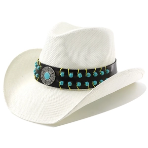 White straw western cowboy sun hat with turquoise bead leather band and silver medallion