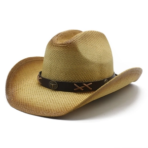 Western Cowboy Hat Paper Straw Woven Wide Brim With Bull Head Concho Leather Band Vintage Sun Protection For Men Women