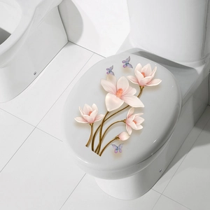 Elegante adesivo per copriwater con magnolia rosa e farfalle viola su coperchio bianco