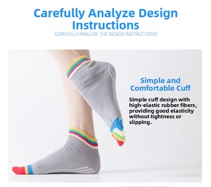 Close-up of non-slip grip dots and rainbow striped details on cotton yoga socks