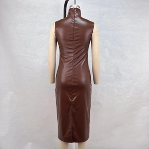 Vue arrière d'une robe en similicuir marron avec col montant et fermeture éclair longue