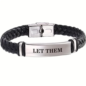Braided black leather bracelet with stainless steel plate engraved Let Them text