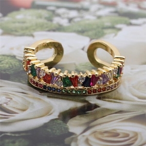Gold plated adjustable ring for women with colorful cubic zirconia stones and open band design