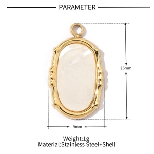 Macro view of oval gold stainless steel pendant with shell inlay measuring 16x9mm