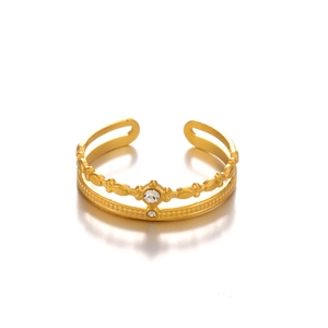 Adjustable 18K gold plated stainless steel ring with vintage bead edge and cubic zirconia