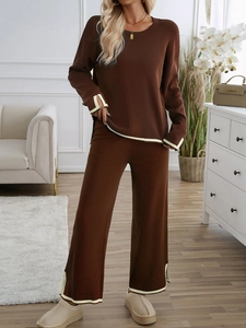 Brown knit two-piece set featuring contrast beige piping and wide-leg lounge trousers