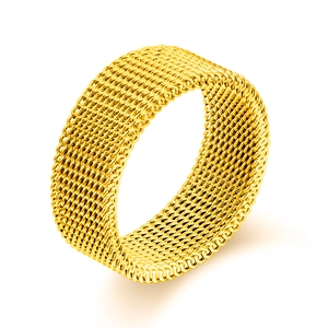 Macro shot of gold mesh woven stainless steel band for men with intricate texture