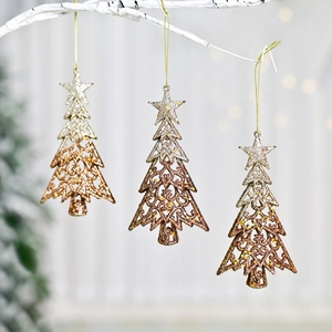 Set of three glittery hollow Christmas tree ornaments with stars hanging on white branches