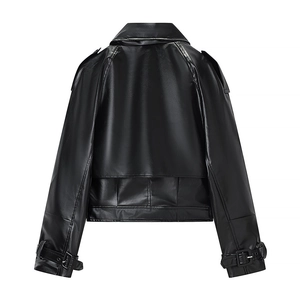 Back view of a classic black faux leather biker jacket with stand collar and metal buckles
