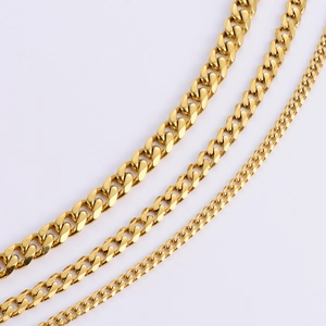 Polished 18k gold plated stainless steel Cuban link chains in three widths on white background